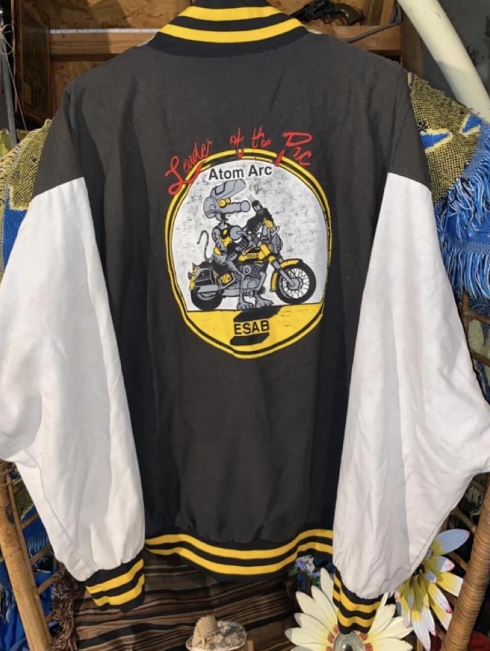 Vintage 90s ESAB Atom Arc Varsity Bomber Jacket Black Yellow Size L Rare